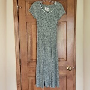 Light Green Floral Short Sleeve Long Dress